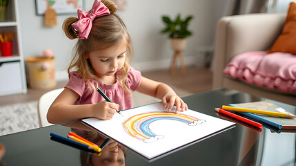 Little girl drawing a rainbow at home