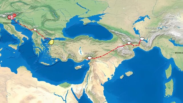 Animated Map Showing a Route Across Europe and Asia Visualizing Travel Route