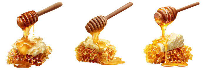 Sweet Honeycomb Delight: A trio of images showcases the pure, golden essence of honey cascading gracefully from a wooden dipper onto a honeycomb