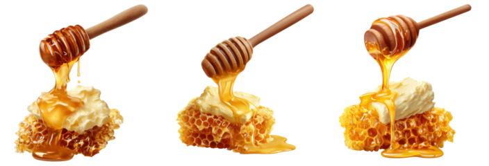 Sweet Honeycomb Delight: A trio of images showcases the pure, golden essence of honey cascading gracefully from a wooden dipper onto a honeycomb