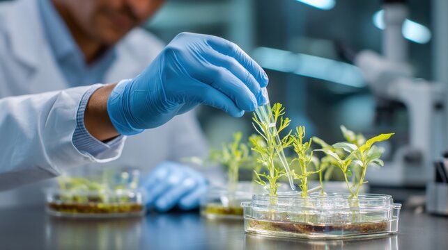 A scientist in a lab coat and gloves examines a small plant in a petri dish, with a blurred background of laboratory equipment.