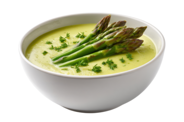 Creamy asparagus soup with fresh green asparagus spears and parsley garnish image, Png, Isolated on Transparent Background, Cut Out