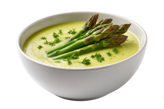 Creamy asparagus soup with fresh green asparagus spears and parsley garnish image, Png, Isolated on Transparent Background, Cut Out