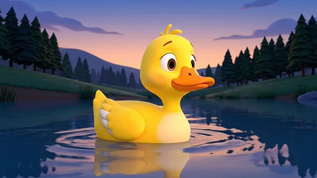 A cheerful cartoon duck swimming in a serene lake at sunset.