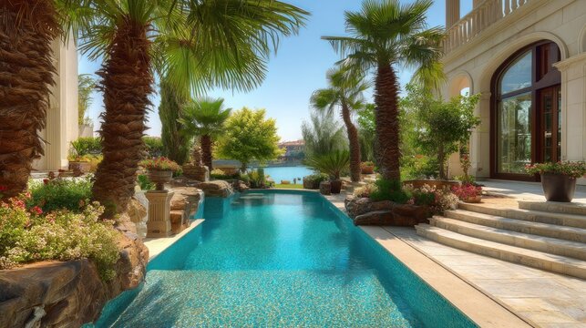 A luxurious backyard with a pool, palm trees, and a beautiful view of a lake and mountains.