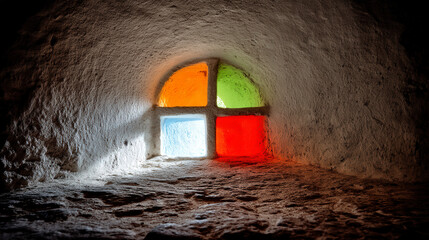 A window with four colored panes is shown in a dark room