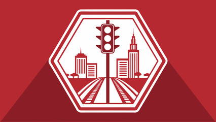 Fototapeta premium Modern city skyline with traffic light in geometric frame, urban planning and transportation solutions, perfect for infrastructure projects and city development