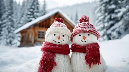 Two Adorable Snowmen Wearing Hats and Scarves in a Snowy Winter Landscape, Cozy Cabin Background