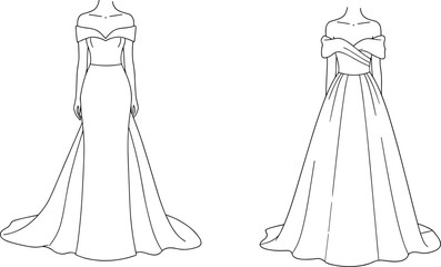 Elegant fashion sketch of off-shoulder evening gown with flowing skirt, detailed line art for bridal wear, formal dress design, couture fashion drawing, and wedding gown illustration.