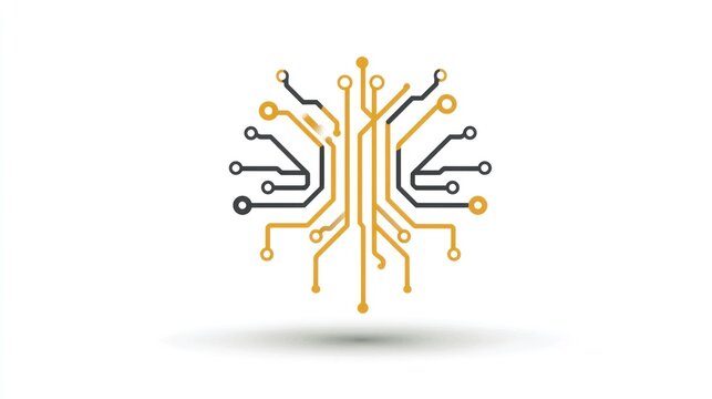 A futuristic circuit board with a brain-like structure, featuring a yellow and black color scheme, set against a white background with a subtle shadow effect.