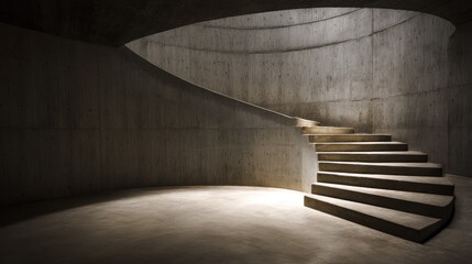 A concrete spiral staircase with a curved wall and a light source at the bottom.