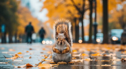 Captivating Squirrel Portrait Amidst Autumnal Splendor A Charming Rodent in a City Park with Golden Leaves and a Blurred Urban Backdrop Showcasing Wildlife in Nature