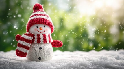 Fototapeta premium Cute Knitted Snowman with Red and White Striped Hat and Scarf on Snow, Festive Season