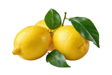 Three bright yellow lemons with green leaves on a black background citrus fruit, Png, Isolated on Transparent Background, Cut Out