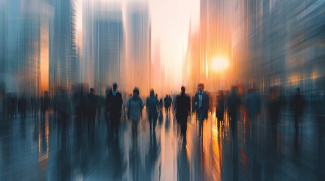 Generative AI. motion blur image of business people crowd walking at corporate office in city downtown, blurred background, business center concept. High quality - Powered by Adobe