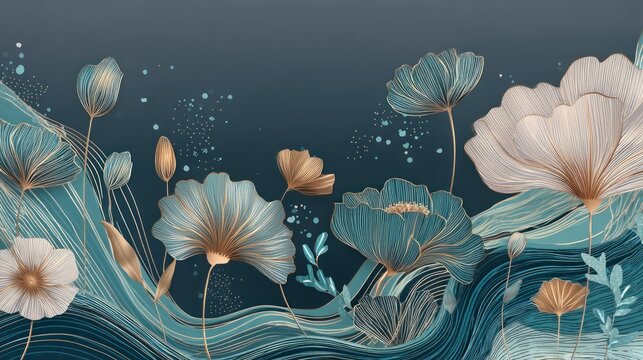 A serene, abstract floral arrangement with a dark, almost black background, featuring a variety of delicate, light blue and white flowers with intricate, flowing lines and patterns, 