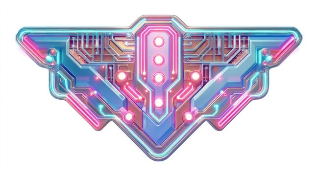 A futuristic, cybernetic emblem with a glowing, pixelated design, featuring a central circular element with a grid of interconnected lines and dots, 
