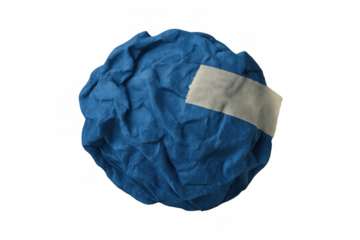 Crumpled blue paper ball with a piece of adhesive tape, symbolizing mistakes, repair, or a fixed idea, transparent background