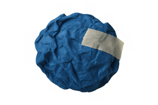 Crumpled blue paper ball with a piece of adhesive tape, symbolizing mistakes, repair, or a fixed idea, transparent background