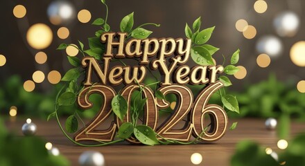 Naklejka premium Wooden Happy New Year Decoration with Leaves - A festive Happy New Year display for 2026 with wood and leaves symbolizing growth, nature, hope, new beginnings, and celebration