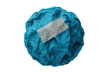 Crumpled blue paper ball with tape creating a mistake, error, or failure concept, isolated, transparent background
