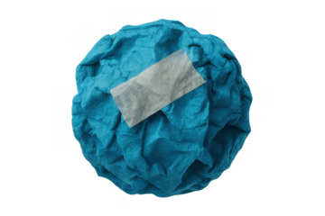 Crumpled blue paper ball with tape creating a mistake, error, or failure concept, isolated, transparent background