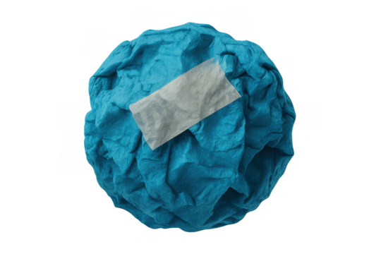 Crumpled blue paper ball with tape creating a mistake, error, or failure concept, isolated, transparent background