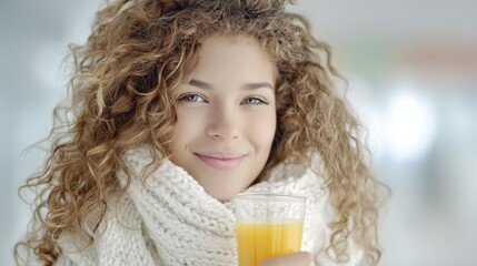 Smiling Woman with Curly Hair Holding Glass of Orange Juice Wearing a White Scarf Outdoors