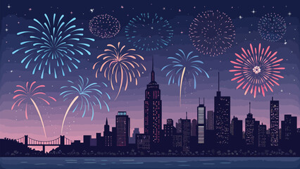 Celebrate New Year's Eve with this vibrant city skyline and dazzling fireworks display, perfect for greeting cards, invitations, and event promotions
