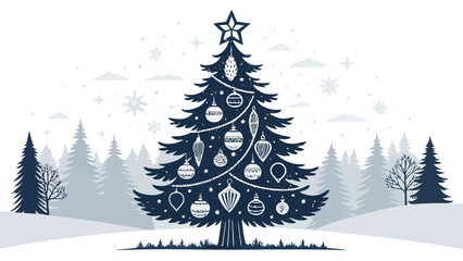 Obraz premium Celebrate the festive season with this charming Christmas tree amidst a snowy forest landscape, perfect for holiday cards, invitations, and seasonal designs.