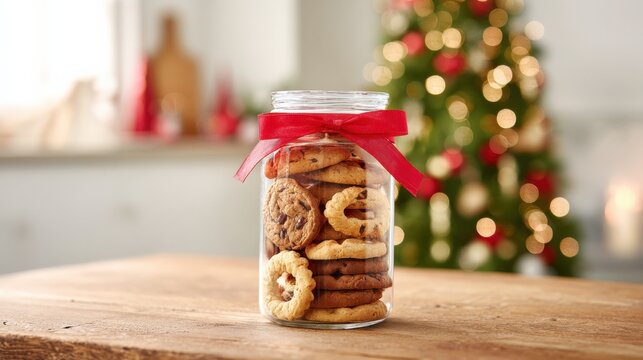 Festive Cookie Jar with Red Ribbon and Christmas Tree Background for Holiday Baking - Powered by Adobe