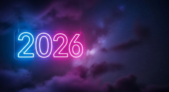 Year 2026 Neon Sign on Cloudy Sky - A neon sign displaying 2026 is set against a dreamy sky, symbolizing future prospects, age, vibrant energy, technological advancement, and forward momentum