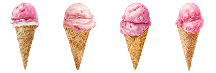 Summer Delight: Cones of strawberry ice cream are arranged invitingly, ready to be enjoyed on a hot day.