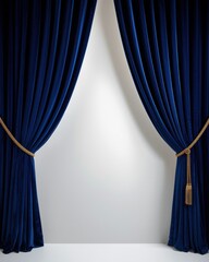 Luxurious blue velvet stage curtains opening to reveal a bright white backdrop ready for a