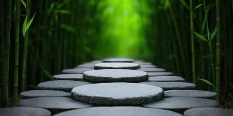 Wellness meditation positivity concept. Serene pathway through bamboo forest with stone steps leading into vibrant greenery.
