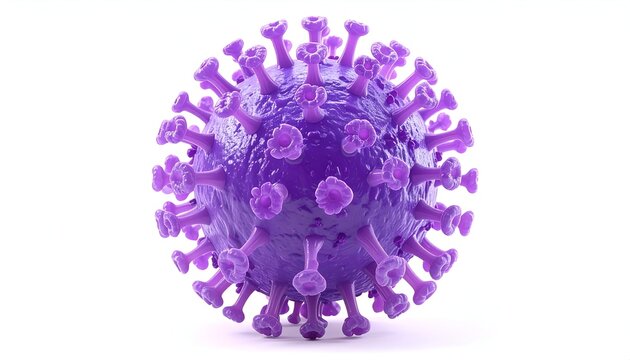 3D-rendered image of a spherical purple virus with spike proteins on a white background - Powered by Adobe