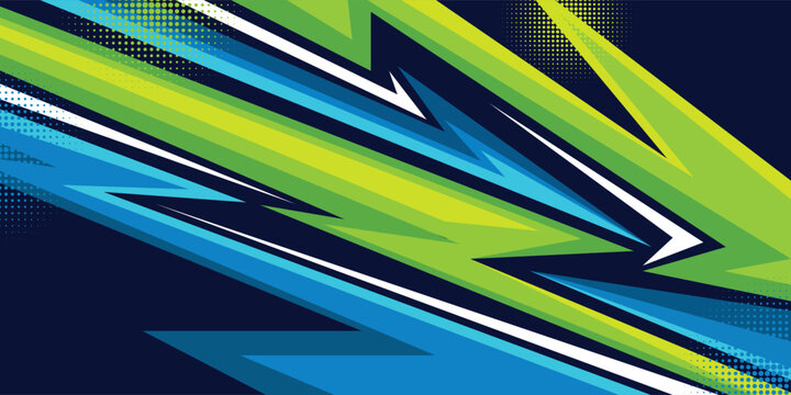 Dynamic blue and green racing stripe abstract background with sharp geometric angles, halftone accents, modern high-speed motion design, sports themes, automotive graphics,n energetic vector artwork.