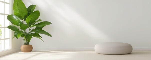 Wellness meditation positivity concept. Bright interior featuring a large plant and a cozy round cushion on wooden flooring.
