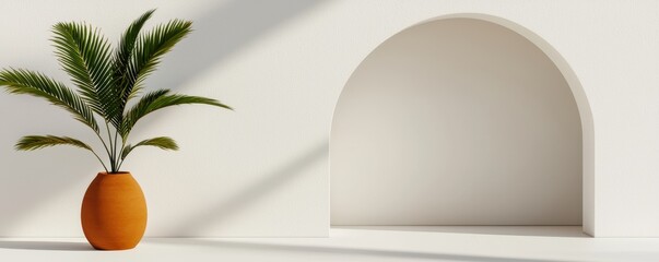 Wellness meditation positivity concept. Minimalist interior scene featuring a plant and an archway in a bright space.