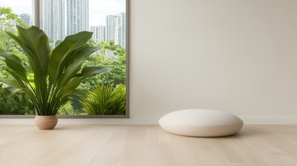 Wellness meditation positivity concept. Modern interior with a plant and a cozy seat near a large window showcasing greenery outside.