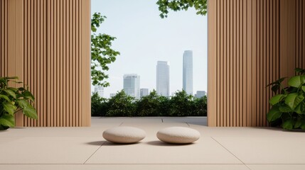 Wellness meditation positivity concept. Modern outdoor space with two stones and a city skyline in the background.