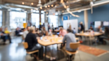 Entrepreneurial Workshop Blur: A blurred workshop environment with entrepreneurs engaging in activities and discussions, suitable for startup themes. High quality