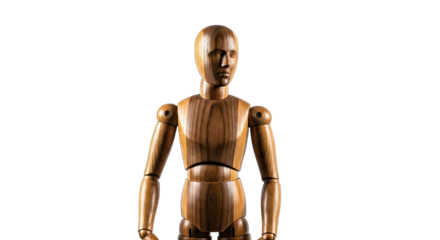 Wooden Artist Mannequin With Articulated Joints And Natural Wood Grain Texture Against A Deep Black Background With Dramatic Studio Lighting Illuminating The Torso And Face With A Slight Smile