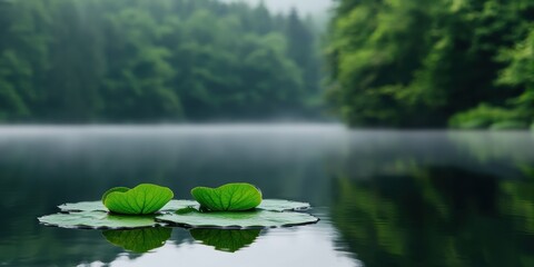 Wellness meditation positivity concept. Tranquil lake scene with lily pads amidst lush greenery and misty surroundings.