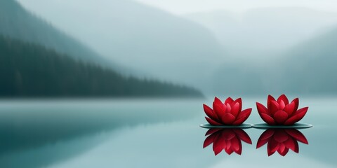Wellness meditation positivity concept. Serene lake with red lotus flowers reflecting on calm water amidst misty mountains.