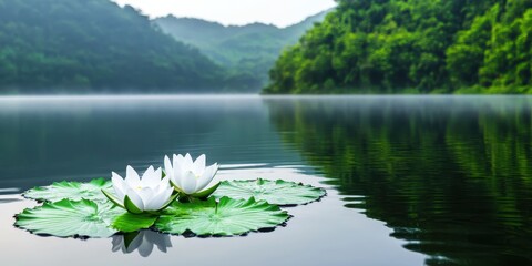 Wellness meditation positivity concept. Serene lake with floating lotus flowers surrounded by lush greenery.