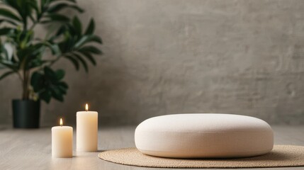 Wellness meditation positivity concept. Minimalistic meditation space with candles and a cushion, surrounded by greenery.
