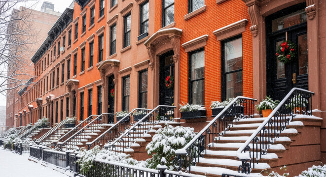 Charming Brownstone Houses in Winter Snow Covered Steps and Wreaths Adorned Doors A Picturesque Urban Scene of Historic Architecture in a Snowy Neighborhood