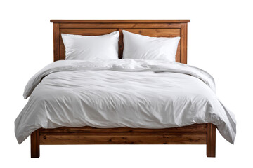 Rustic Wooden Bed Frame with Crisp White Duvet and Pillows image, Png, Isolated on Transparent Background, Cut Out