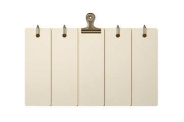 Five blank cream colored paper sheets held by metal clip and clips white beige, Png, Isolated on Transparent Background, Cut Out